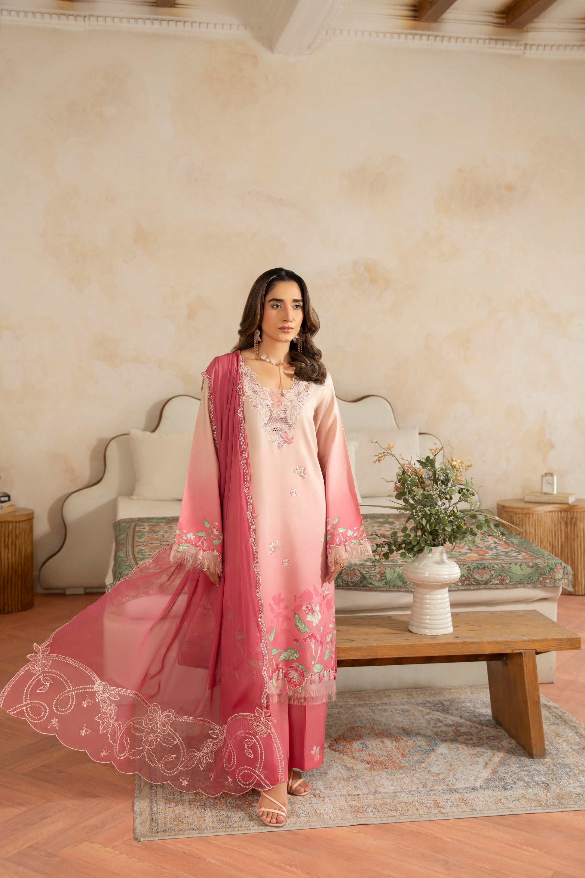 Soft viscose embroidered shirt with chiffon dupatta for winter wear