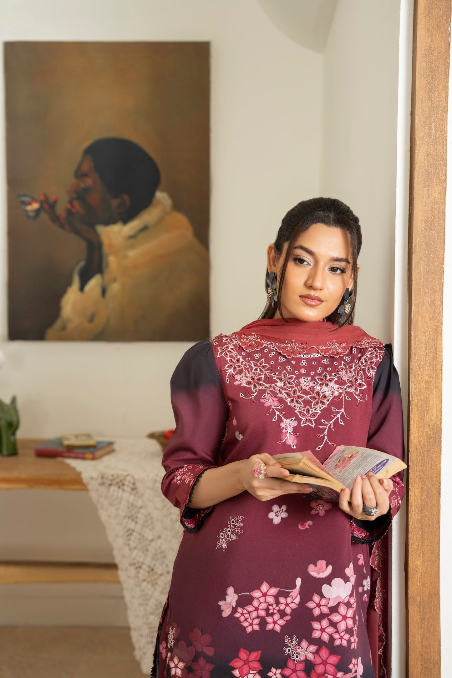 Beautiful printed viscose shirt with embroidery and chiffon dupatta for winter fashion