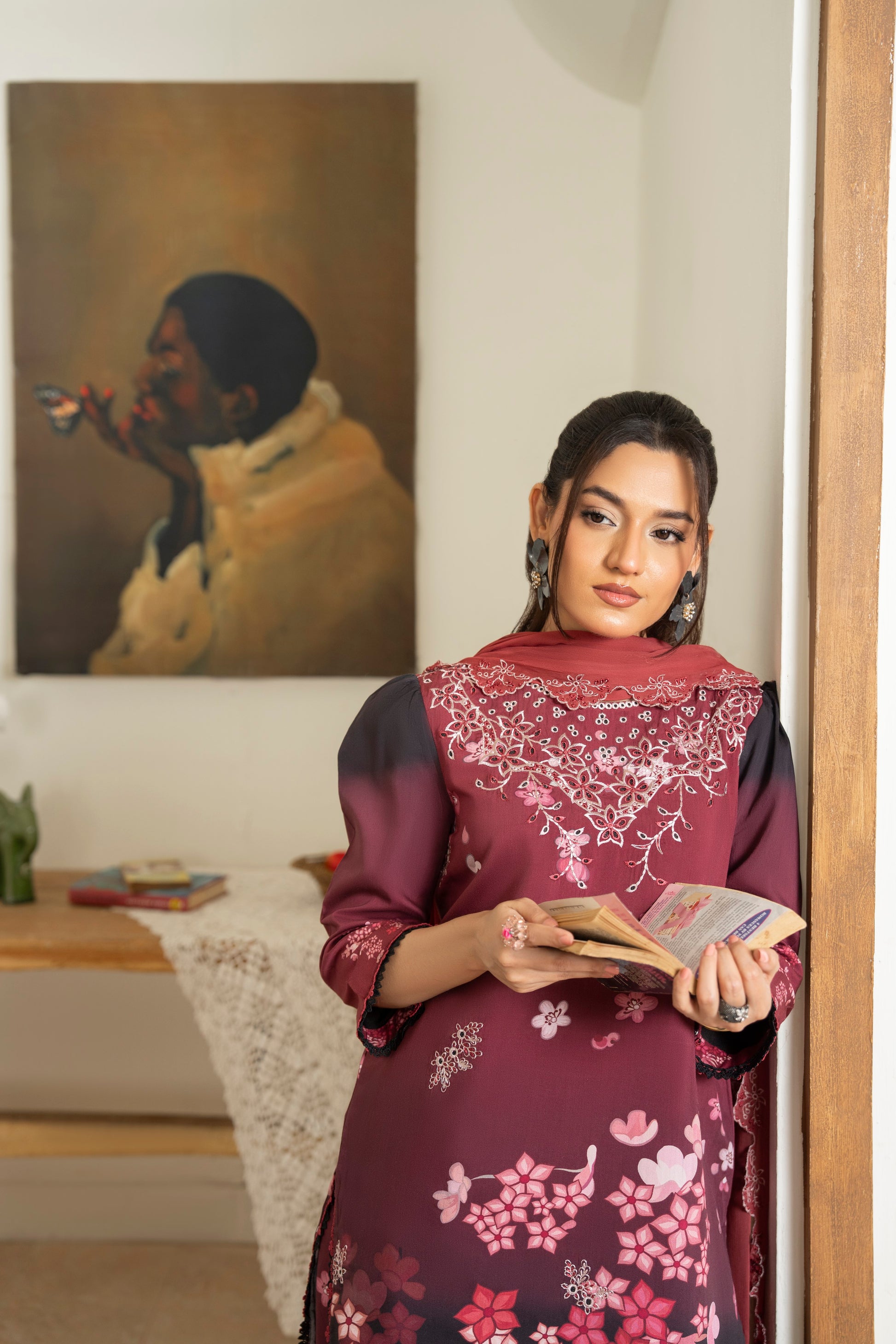 Beautiful printed viscose shirt with embroidery and chiffon dupatta for winter fashion