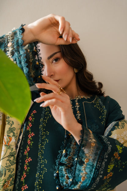 Khaddar printed shirt with embroidered organza accents ideal for winter casual wear.