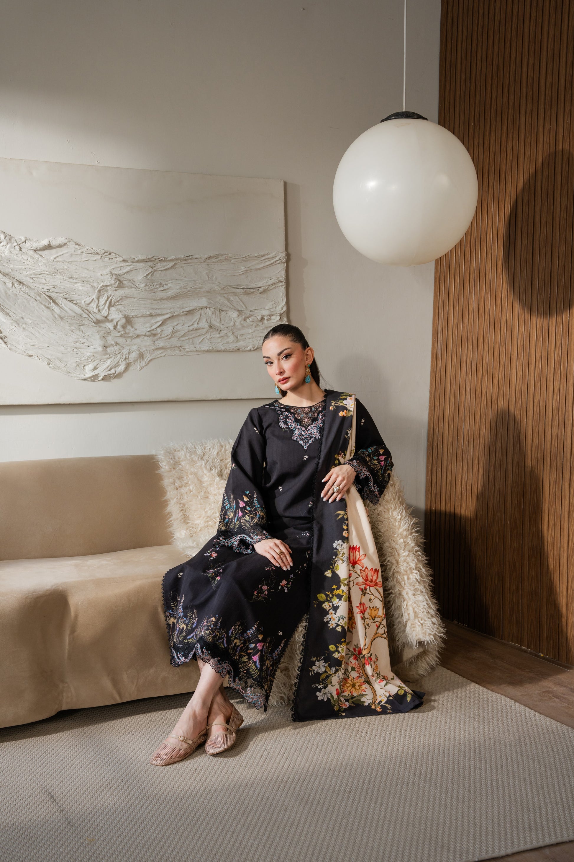 Winter khaddar printed outfit with organza embroidery for a refined look.