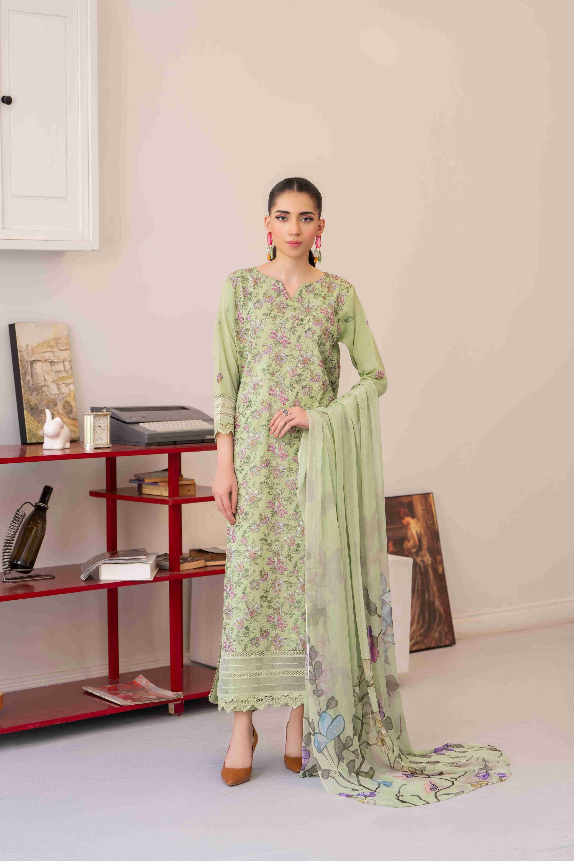  Unique lawn embroidered suit for festive wear with cotton trouser and chiffon dupatta