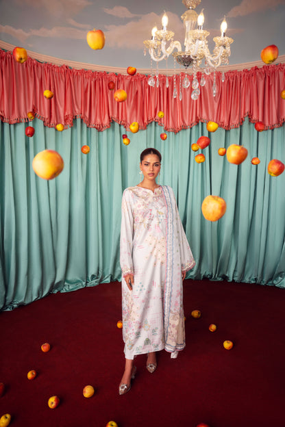 Raw silk dress for girls featuring a premium unstitched 3PC outfit with rich silk shirt and trousers and a flowing chiffon dupatta, designed for Pakistani weddings, parties, Eid, and formal celebrations