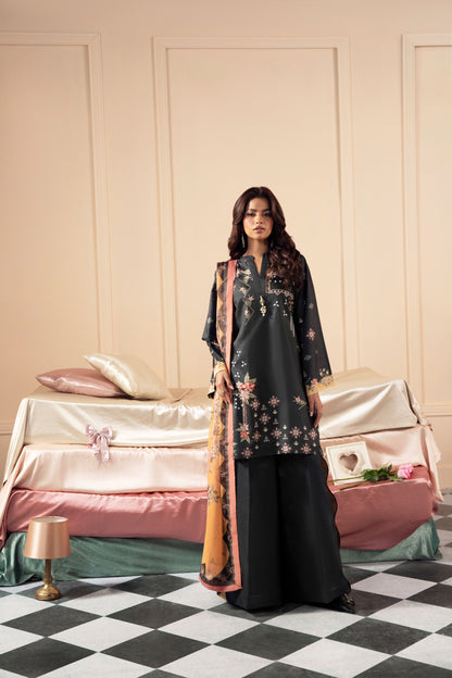 Raw silk party dress featuring a premium unstitched 3PC shirt and trouser set paired with a delicate chiffon dupatta, offering Pakistani women a customizable outfit for parties, weddings, Eid, and formal gatherings