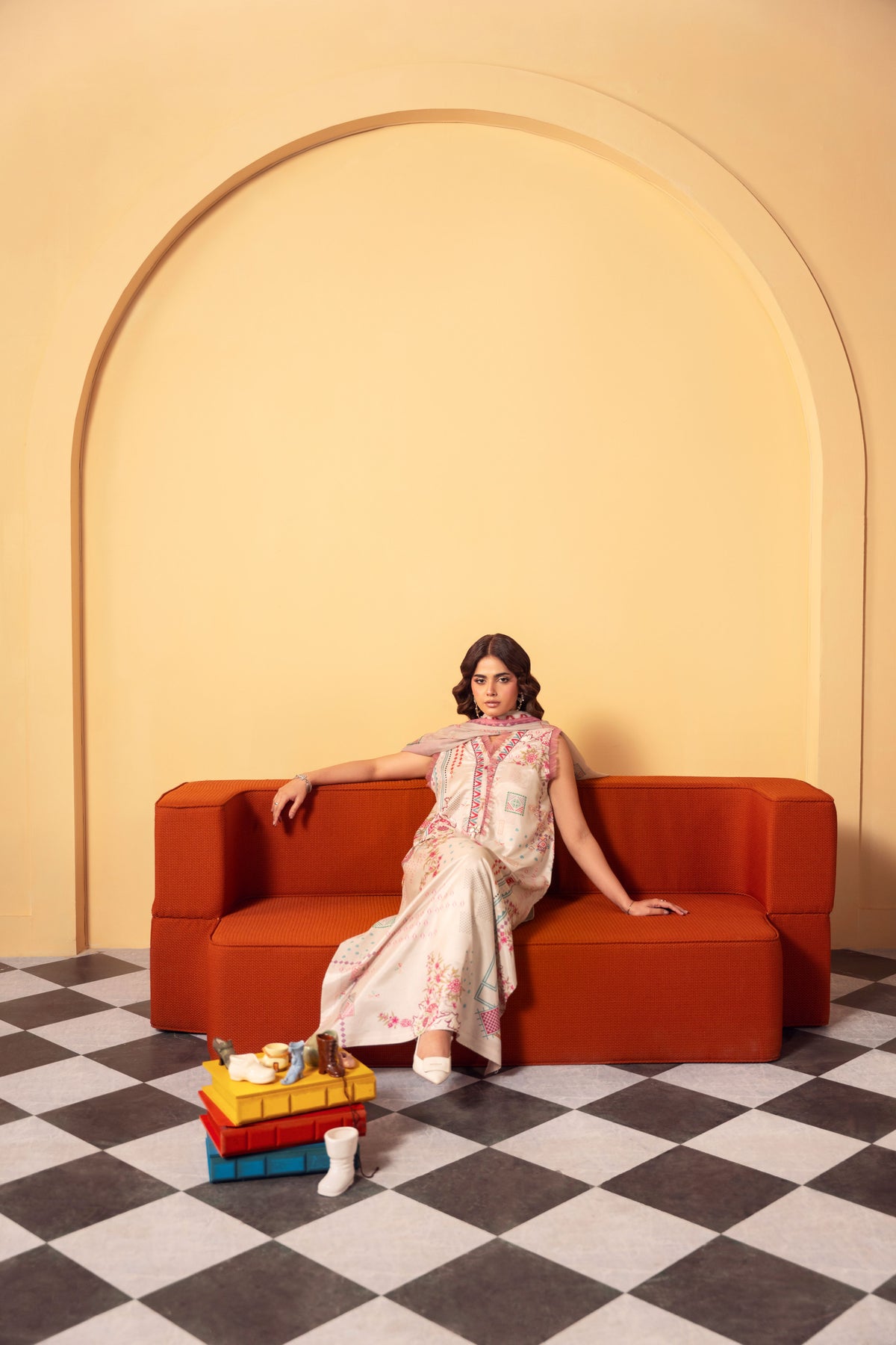Raw silk Eid suit featuring an unstitched 3PC premium silk shirt and trousers with a flowing chiffon dupatta, designed for Pakistani women creating traditional festive outfits for Eid celebrations