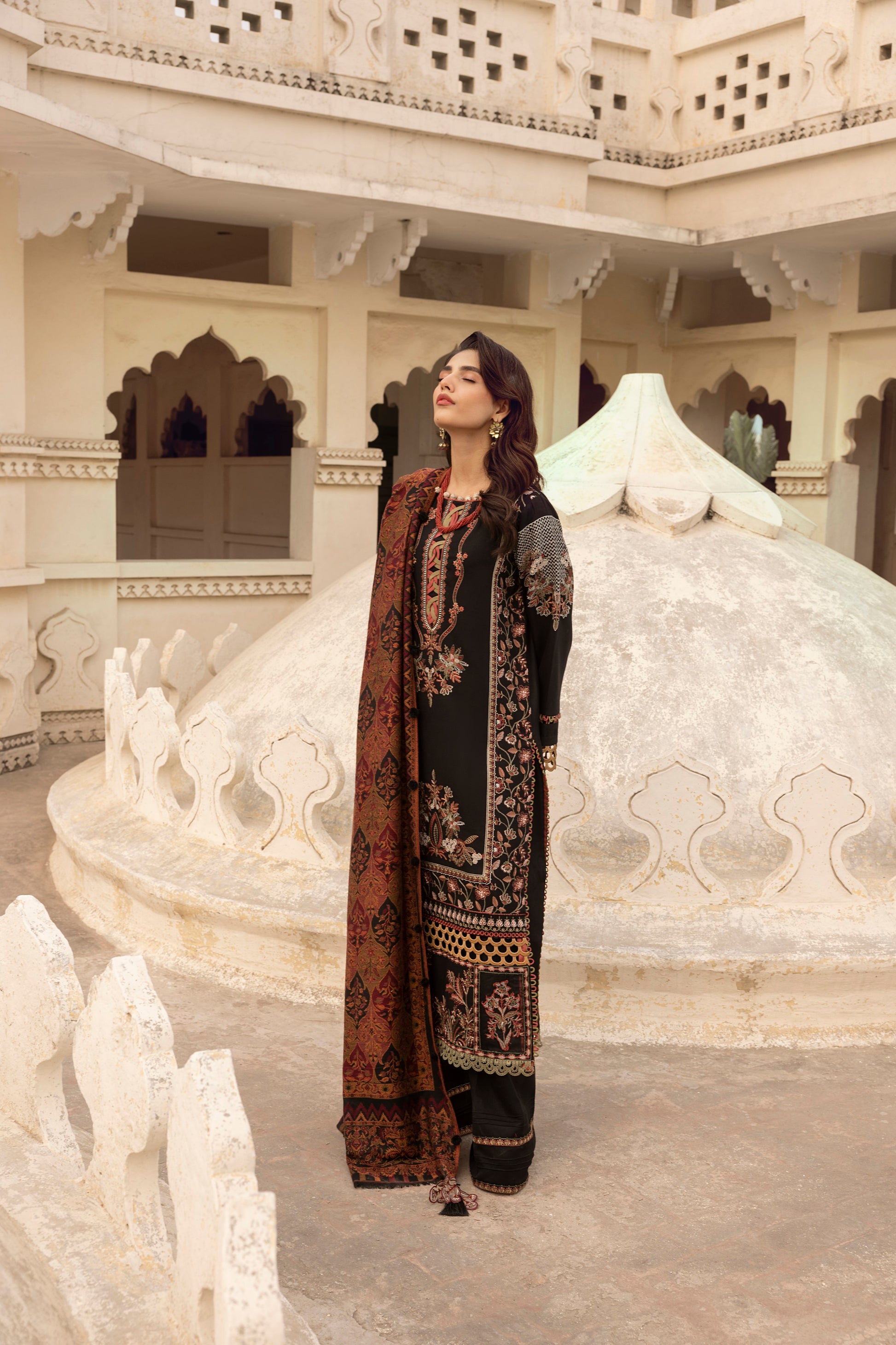 Majestic Pakistani winter outfit blending Marina wool embroidery with a premium Kashmiri shawl and bordered trousers.