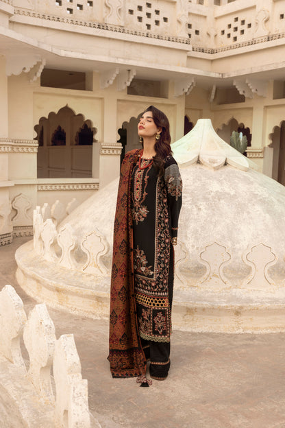 Majestic Pakistani winter outfit blending Marina wool embroidery with a premium Kashmiri shawl and bordered trousers.