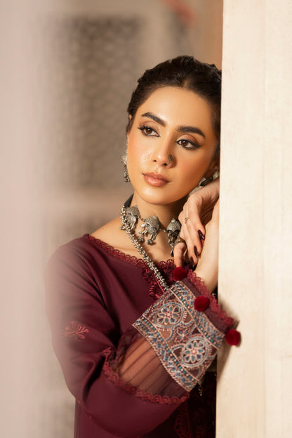 Detailed embroidered Dhanak suit complemented by jacquard wool shawl and plain trousers.