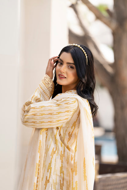 A versatile dress with an embroidered neckline and chiffon dupatta, perfect for lunches, gatherings, or casual evenings