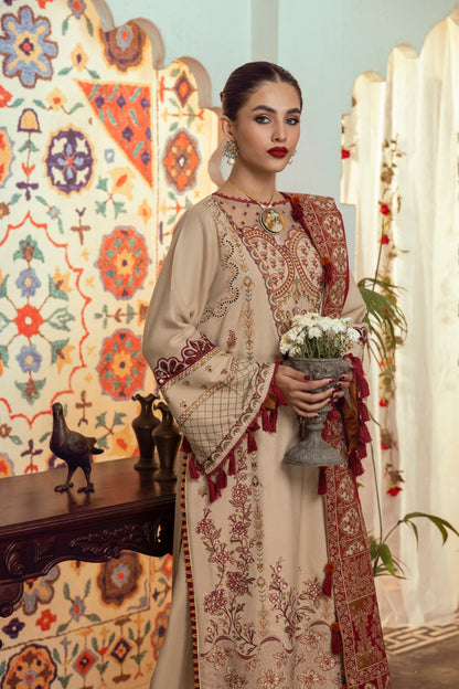A frost-inspired winter ensemble featuring Marina detailing, a crisp organza neckline, and a premium Kashmiri shawl.