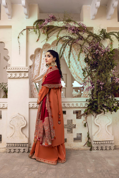 A winter suit with embroidered front and Kashmiri shawl.