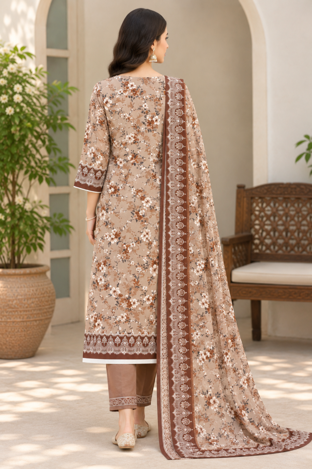 Simple floral linen dress with a printed shirt and clean solid dyed trouser design