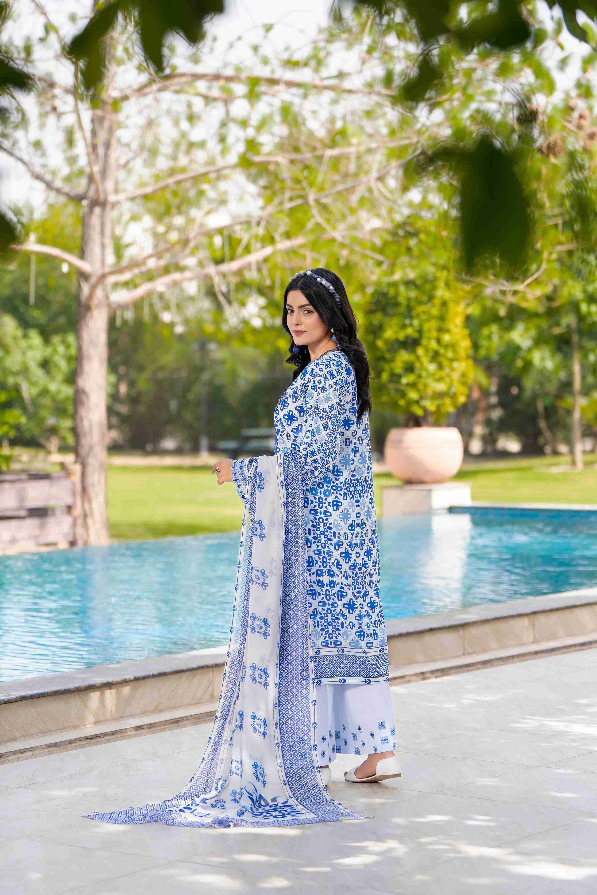 Premium embroidered lawn shirt with light chiffon dupatta and breathable cotton trouser