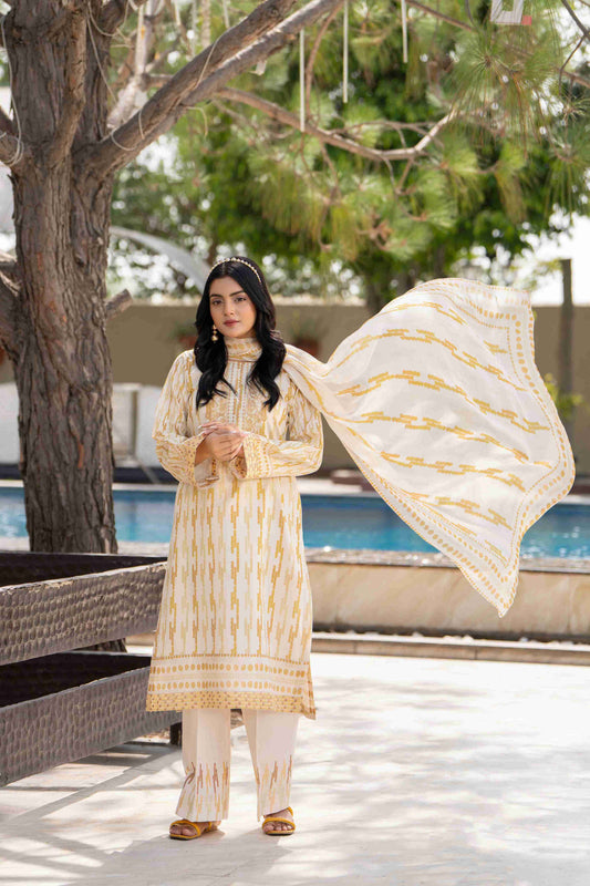 A breezy lawn kurta touched with embroidery on the neckline, paired with a flowy dupatta for an easy summer look