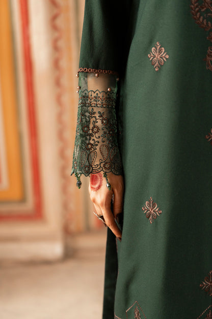 Warm embroidered Dhanak winter dress with jacquard shawl for cozy seasonal styling.