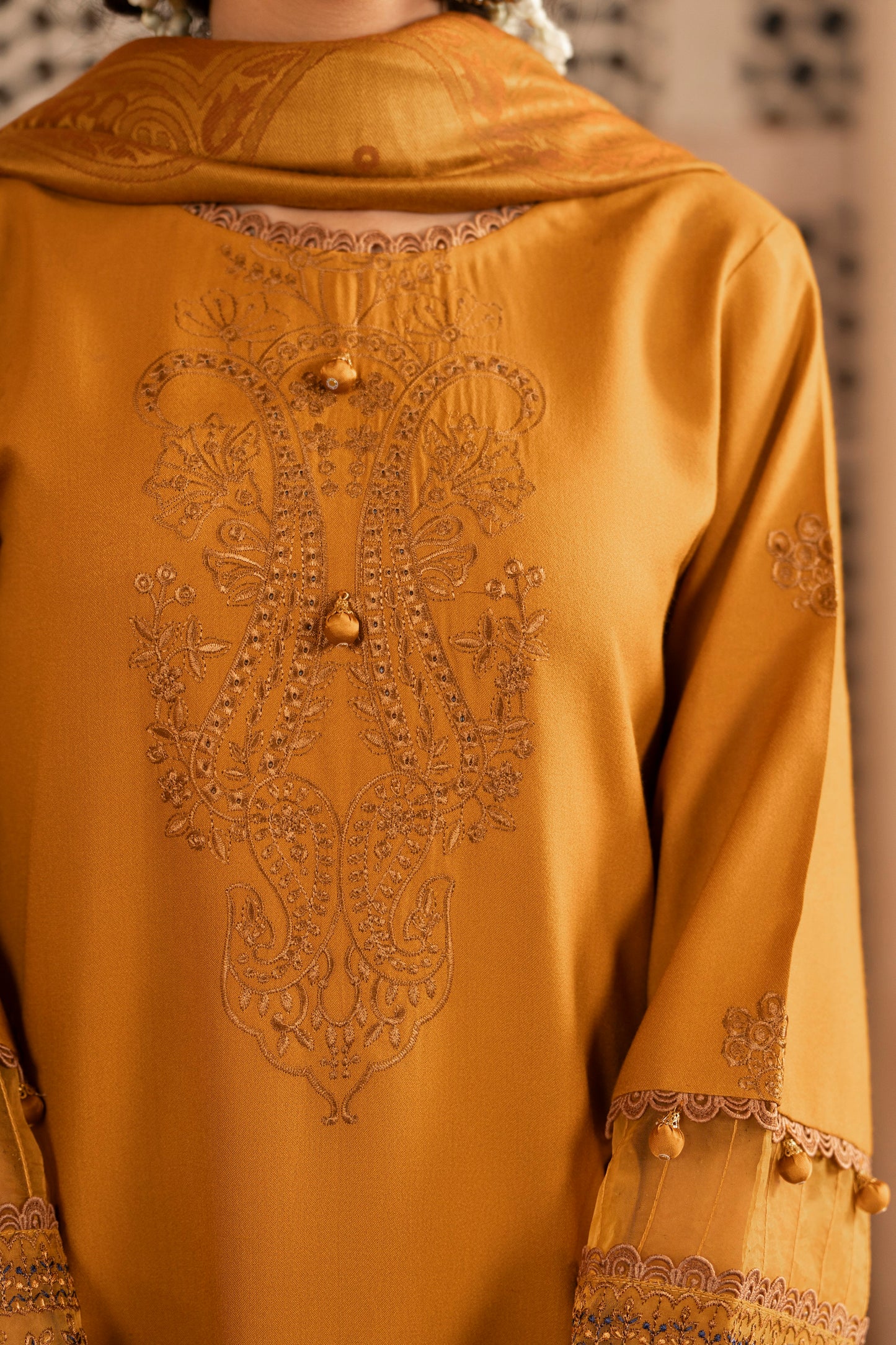 Winter-ready 3PC dress featuring Dhanak embroidery paired with a soft jacquard wool shawl.