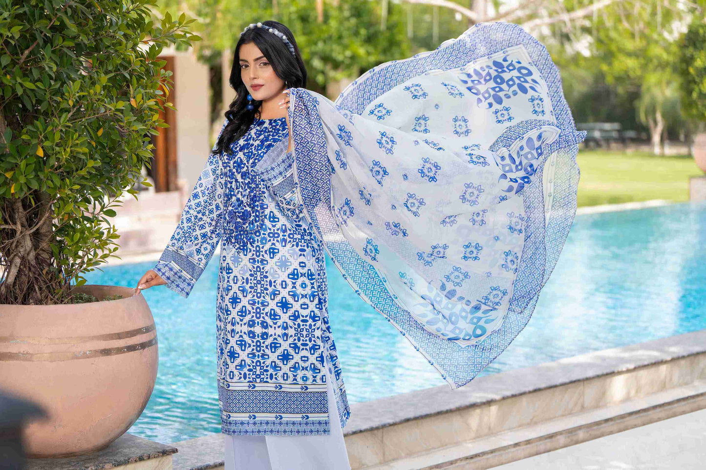 Women’s premium summer outfit featuring embroidered neckline, chiffon dupatta, and pure cotton trouser