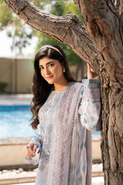 Pastel embroidered lawn shirt with chiffon dupatta and pure cotton trouser