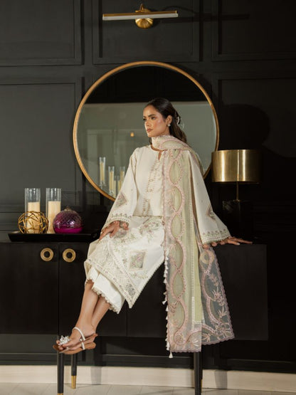 Stitched eastern embroidered outfit, organza patches, and cotton dupatta
