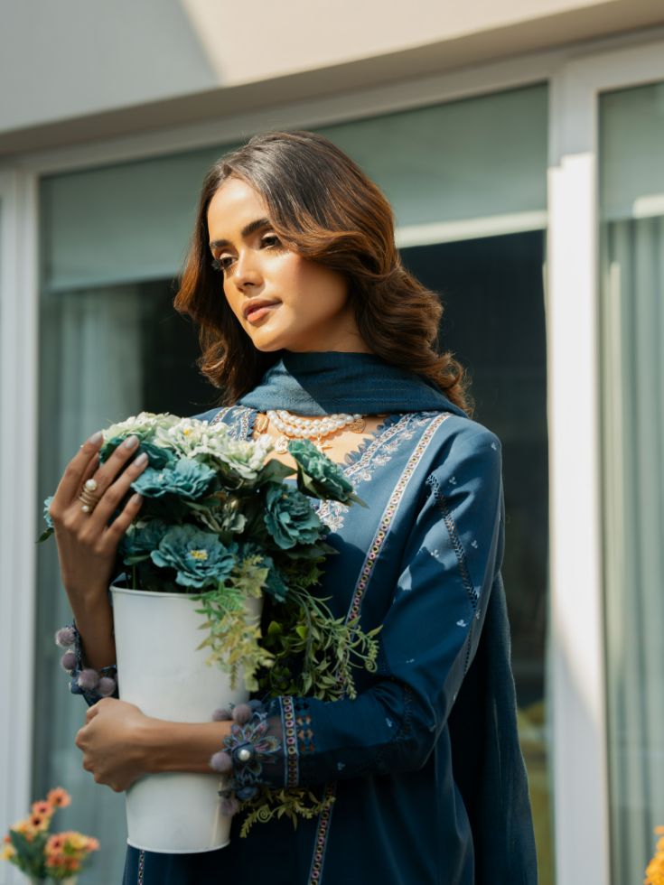 Embroidered shirt, plain trouser, and cotton embroidered dupatta