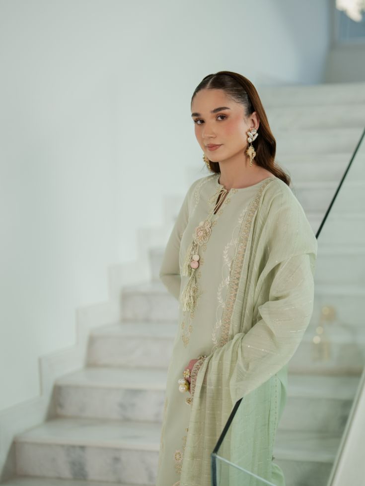 Stitched lawn dress with embroidered shirt, motifs, and cotton dupatta