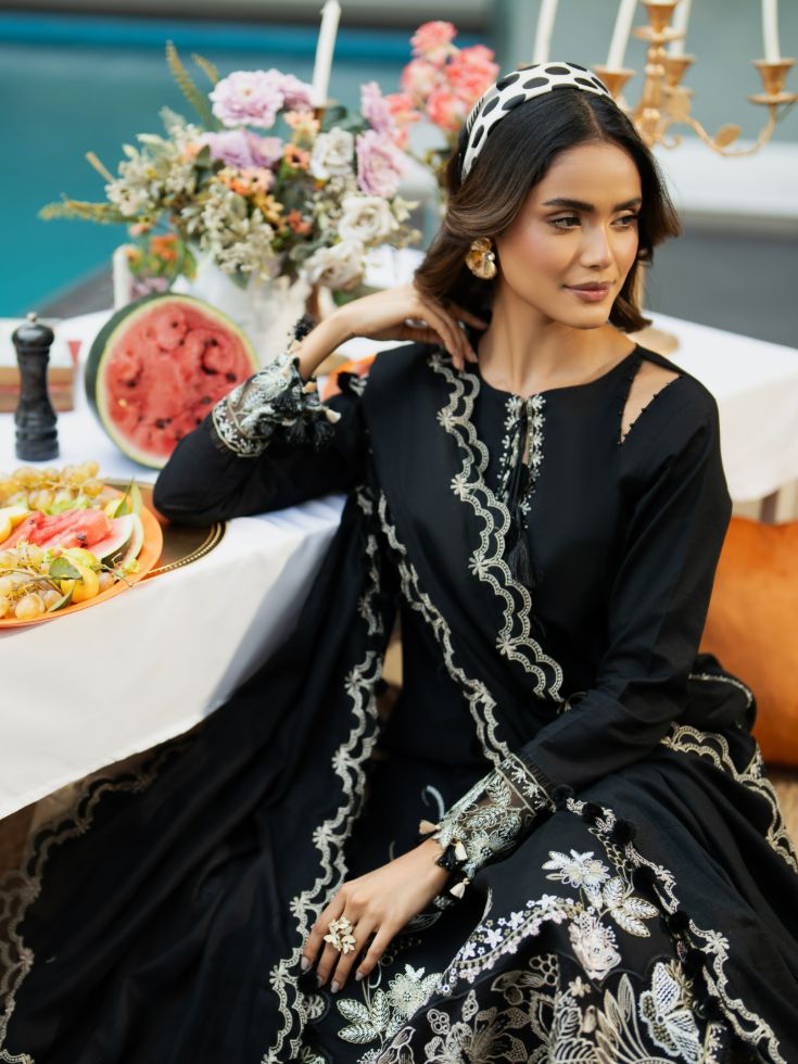 Stitched suit with embroidered shirt, plain trouser, and cotton dupatta
