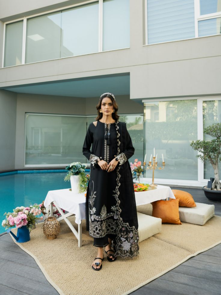 Stitched embroidered summer dress with motifs, patch, and soft cotton dupatta
