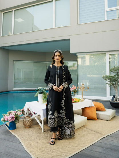 Stitched embroidered summer dress with motifs, patch, and soft cotton dupatta
