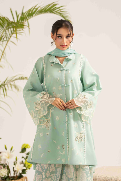 Stylish embroidered lawn shirt paired with chiffon dupatta and soft cotton trouser.