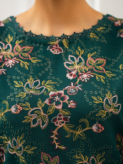 Stylish embroidered shirt with chiffon dupatta and plain karandi trouser fabric