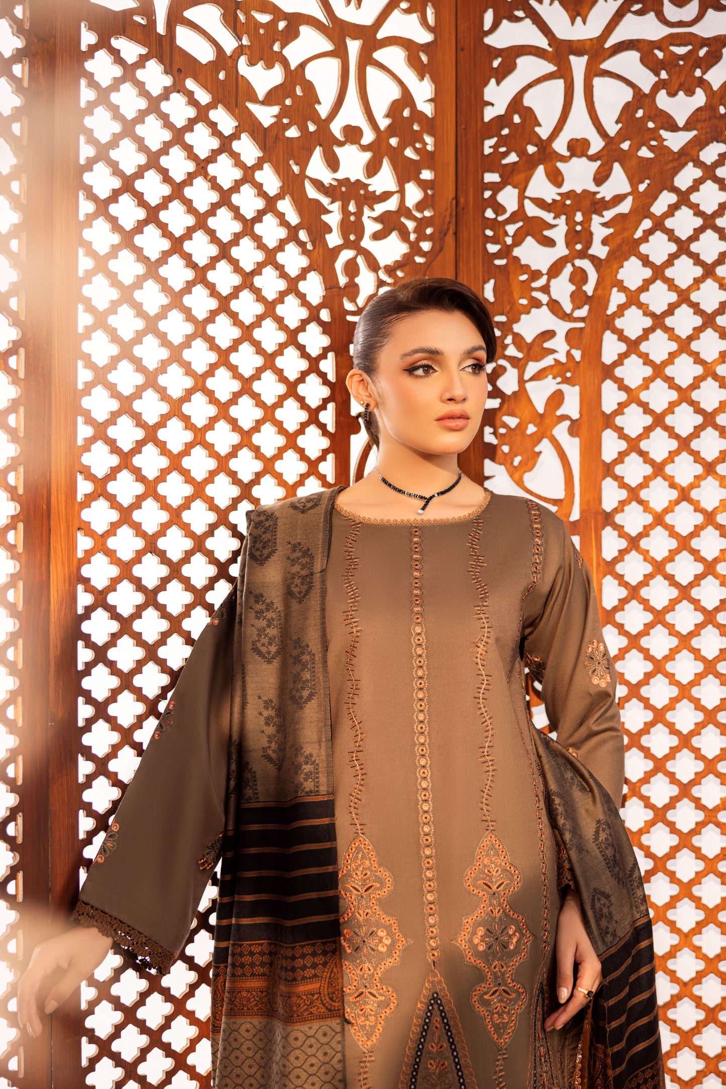 Embroidered Dhanak shirt with organza daman and woollen shawl