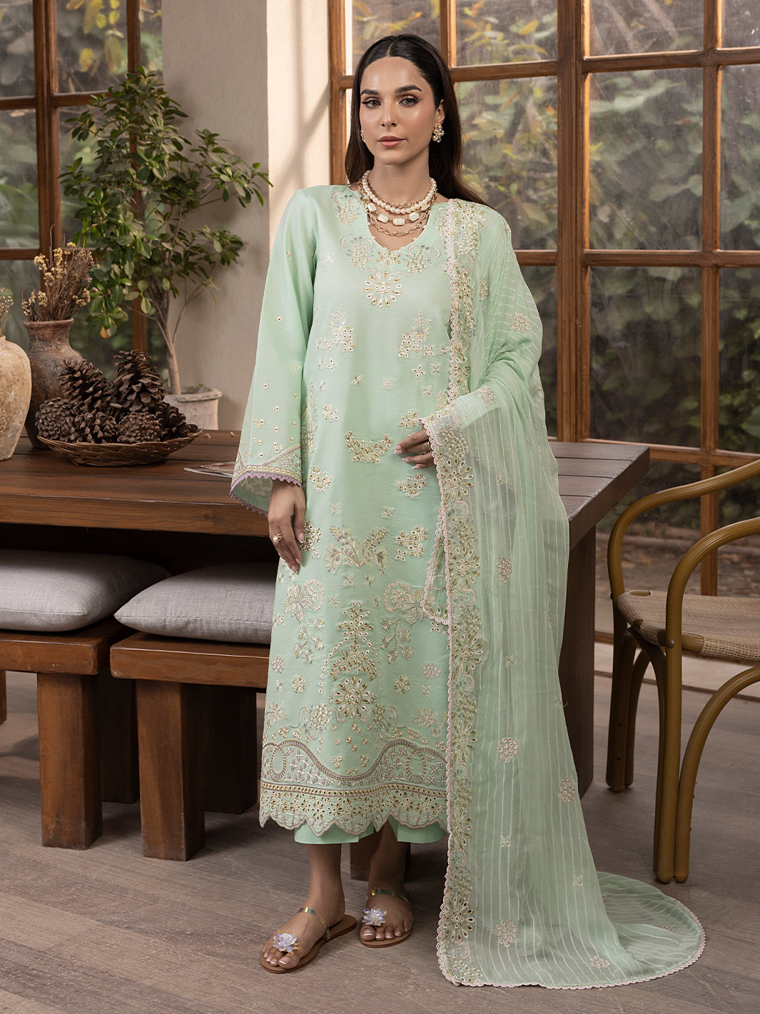 Unstitched lawn suit with embroidered patches and premium cotton base for ethnic wear