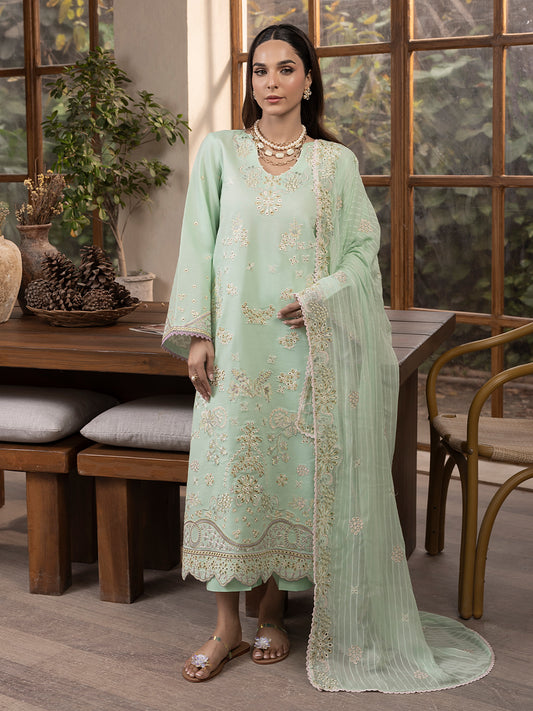 Unstitched lawn suit with embroidered patches and premium cotton base for ethnic wear
