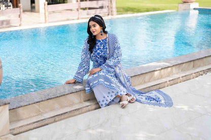 Premium lawn shirt with embroidered neckline, paired with a chiffon dupatta and breathable trouser