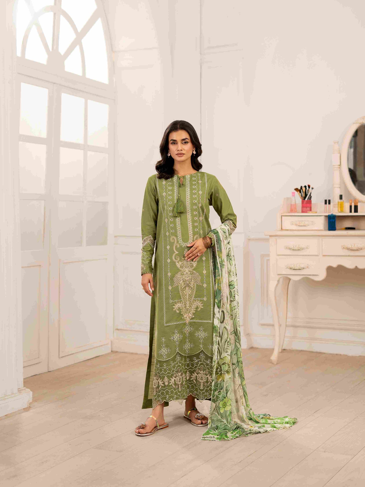 Stylish embroidered lawn shirt paired with cotton trouser and chiffon dupatta