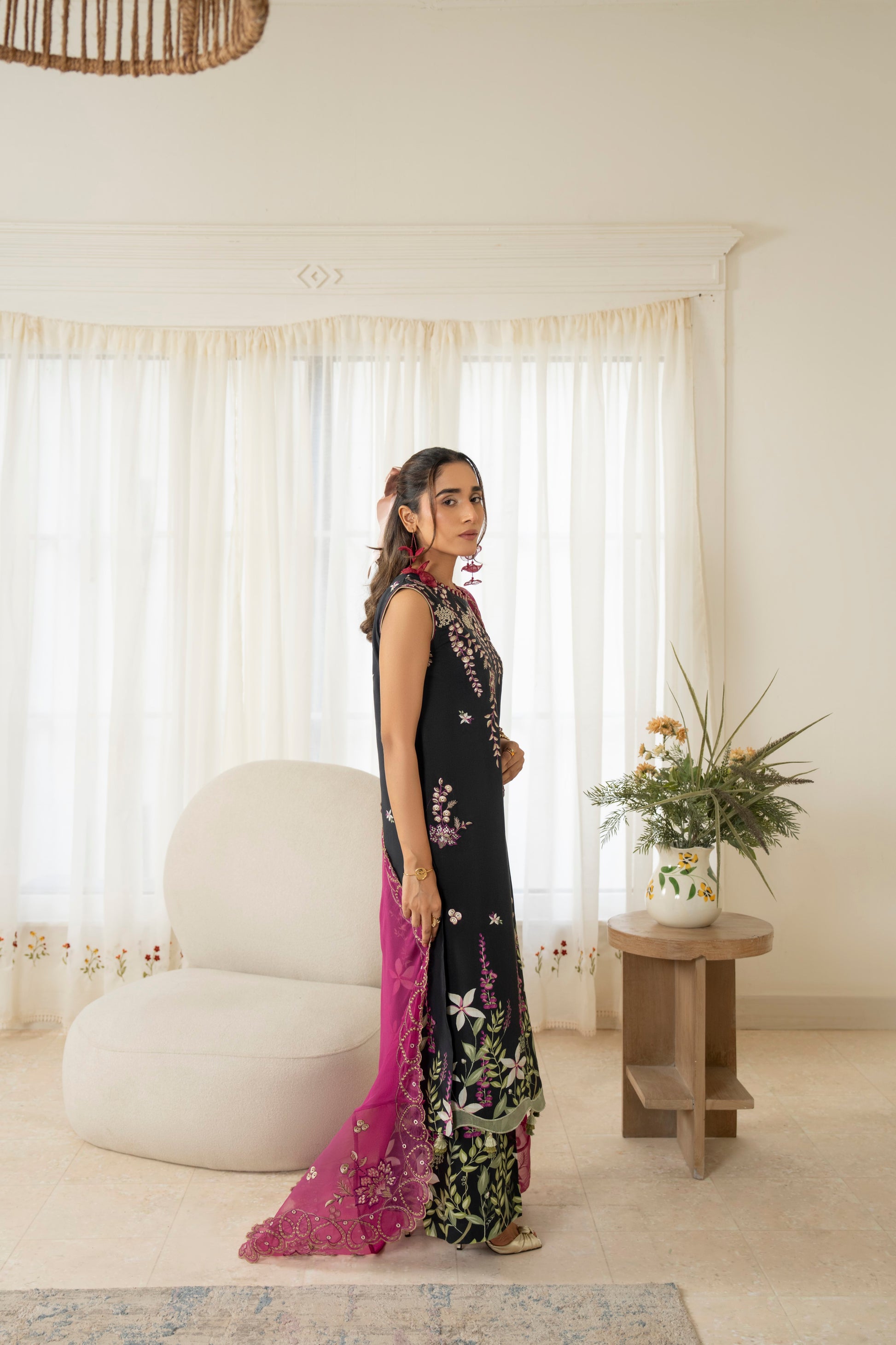 Fashionable embroidered viscose shirt paired with matching trouser and chiffon dupatta