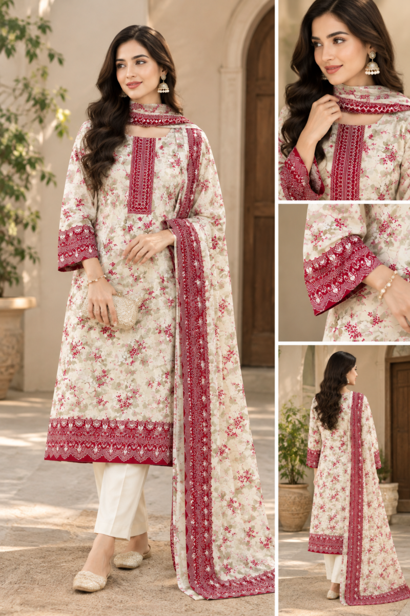 Stylish floral linen wear featuring a printed shirt and understated solid dyed trousers