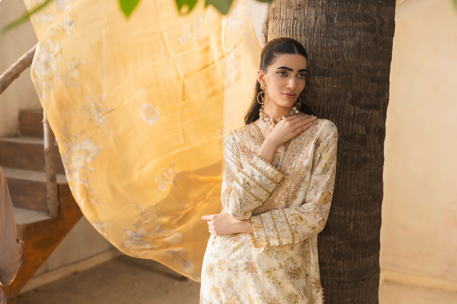 Embroidered self-check lawn shirt with chiffon dupatta and cotton trouser for eastern wear