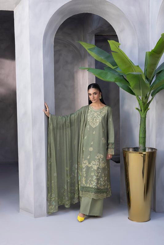 Modern embroidered Karandi winter outfit with soft chiffon dupatta
