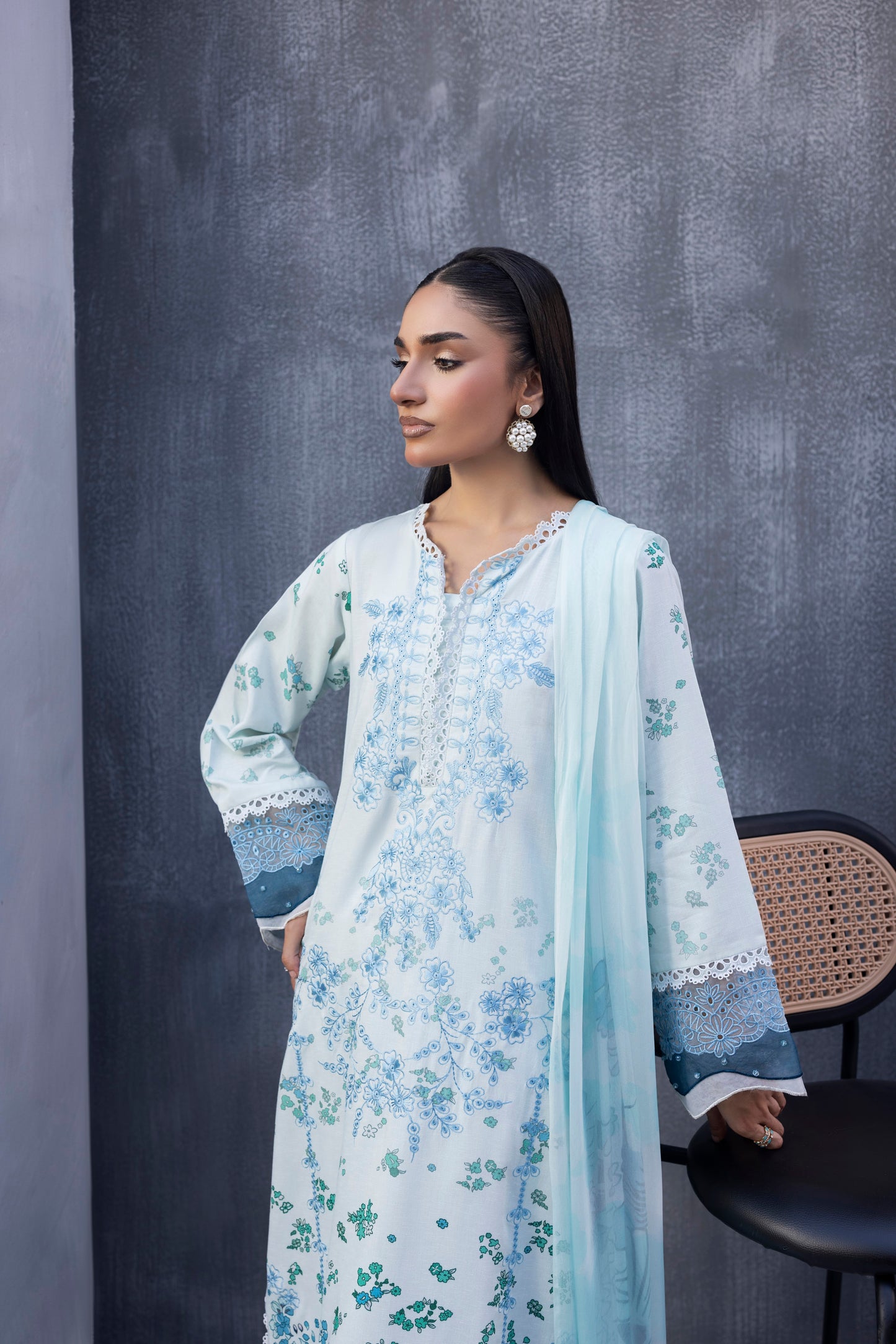 Trendy embroidered Karandi winter suit featuring a detailed shirt, chiffon dupatta, and classic trouser for women