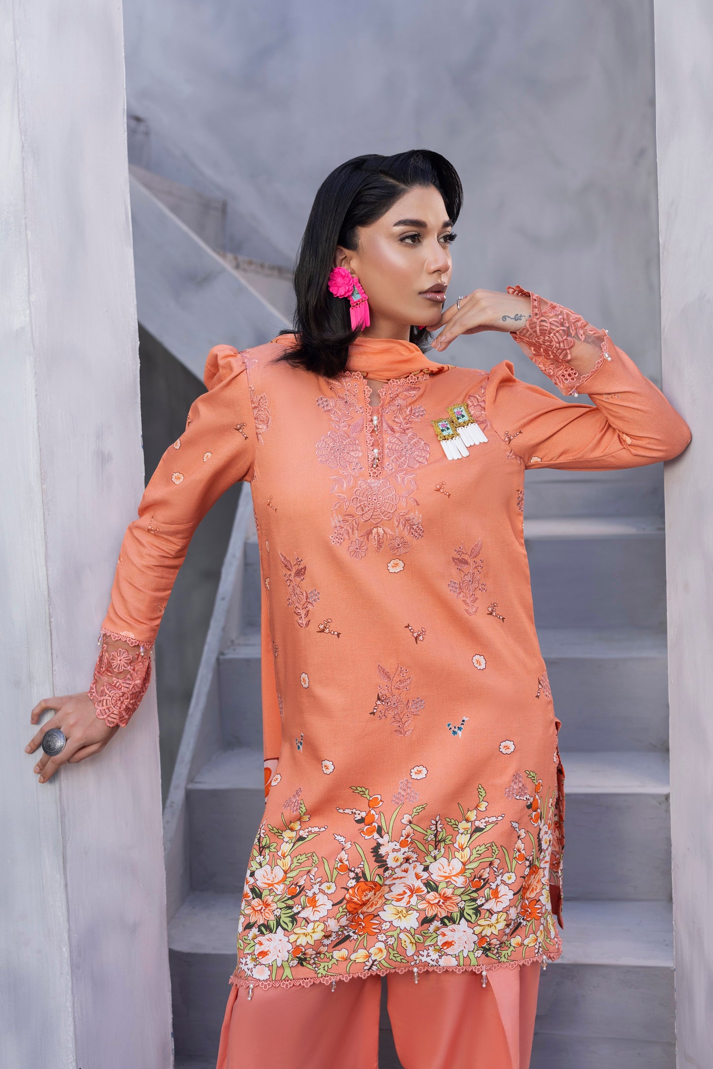 Embroidered Karandi shirt with chiffon dupatta and plain trouser