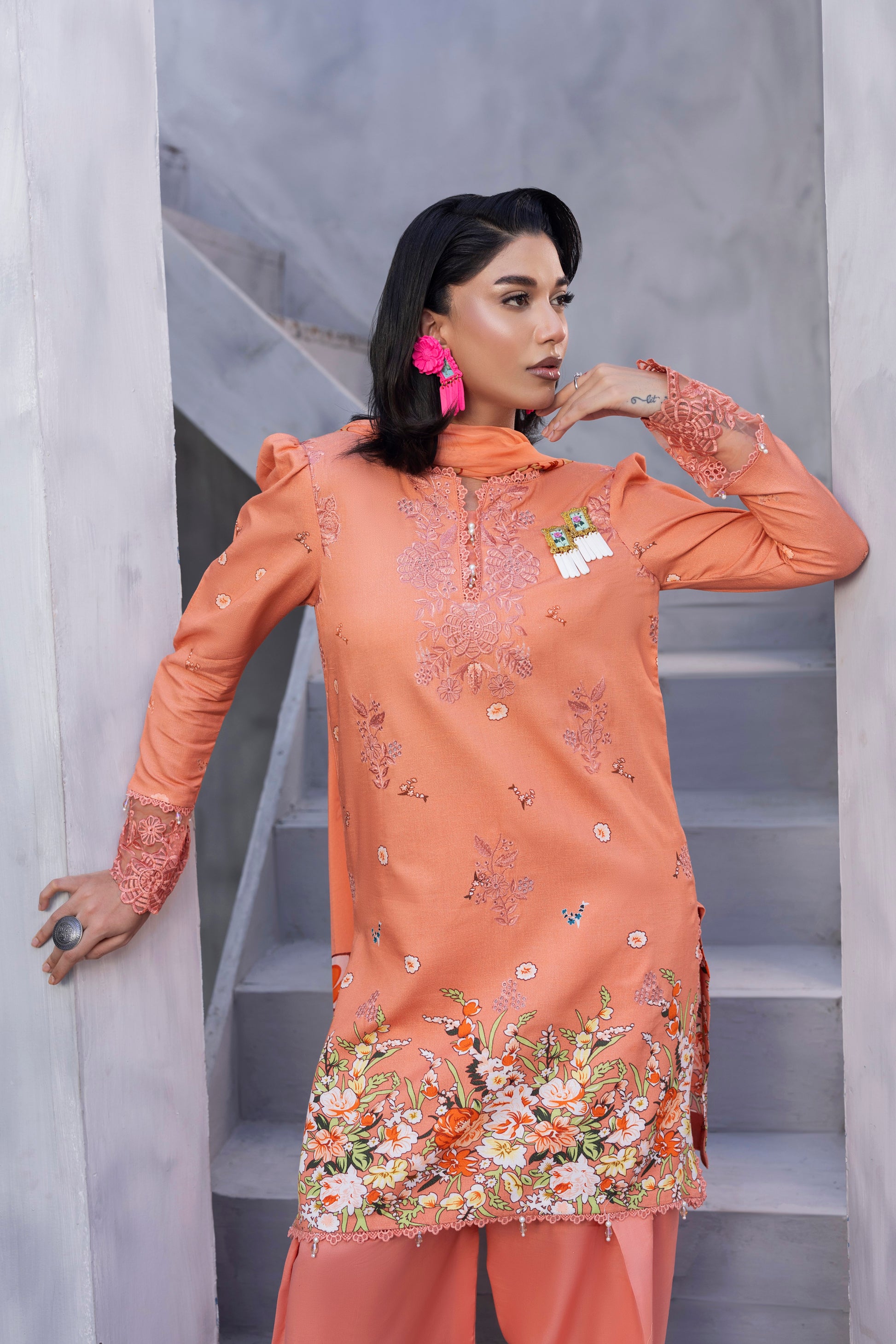 Embroidered Karandi shirt with chiffon dupatta and plain trouser