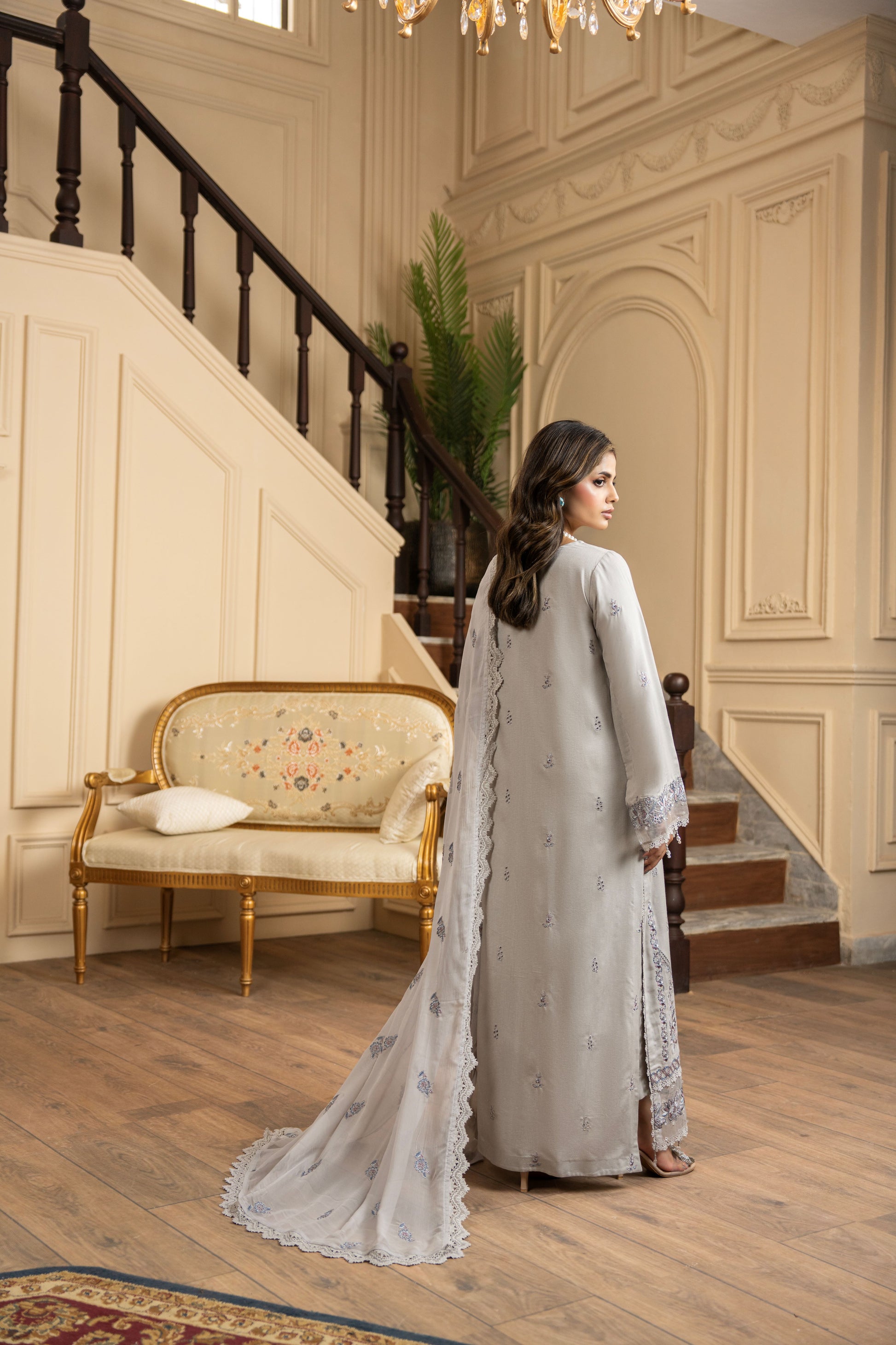 Designer 3PC embroidered suit in karandi fabric