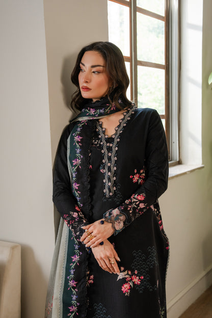 Cozy khaddar dress featuring embroidered neckline, organza borders, and colorful printed dupatta.
