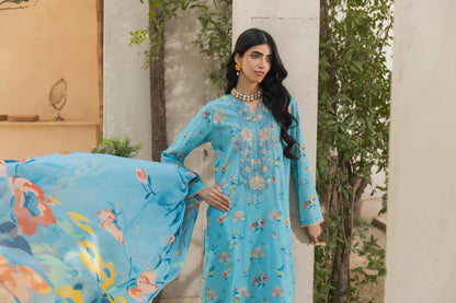 Embroidered lawn shirt, chiffon dupatta, and plain cotton trouser for women’s casual and formal eastern wear