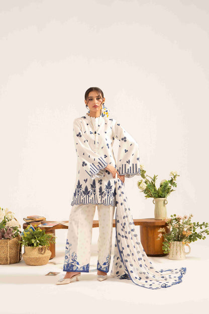 Stylish embroidered lawn shirt with chiffon dupatta and plain dyed cotton trouser.