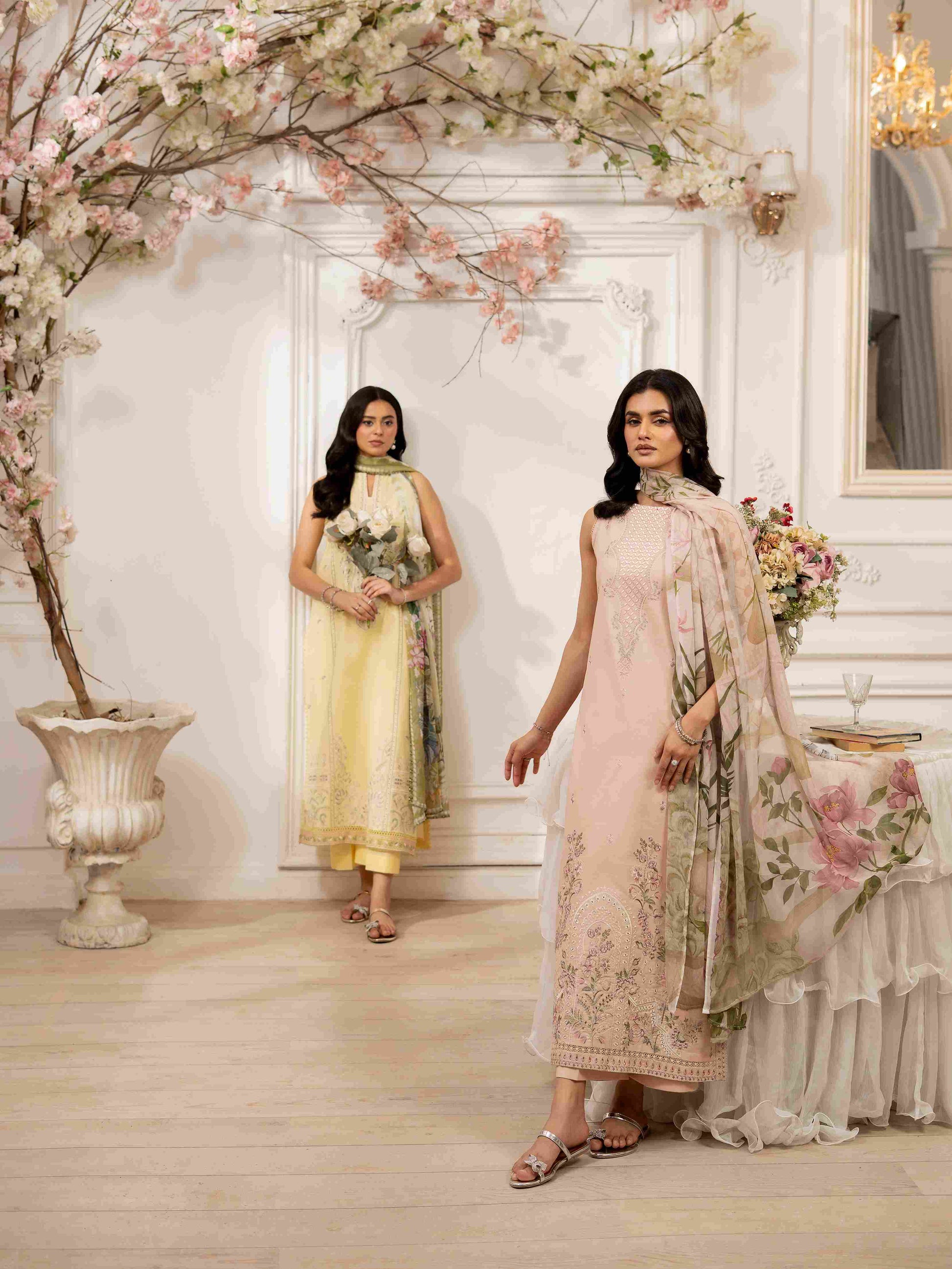 Stylish embroidered lawn outfit paired with digital chiffon dupatta