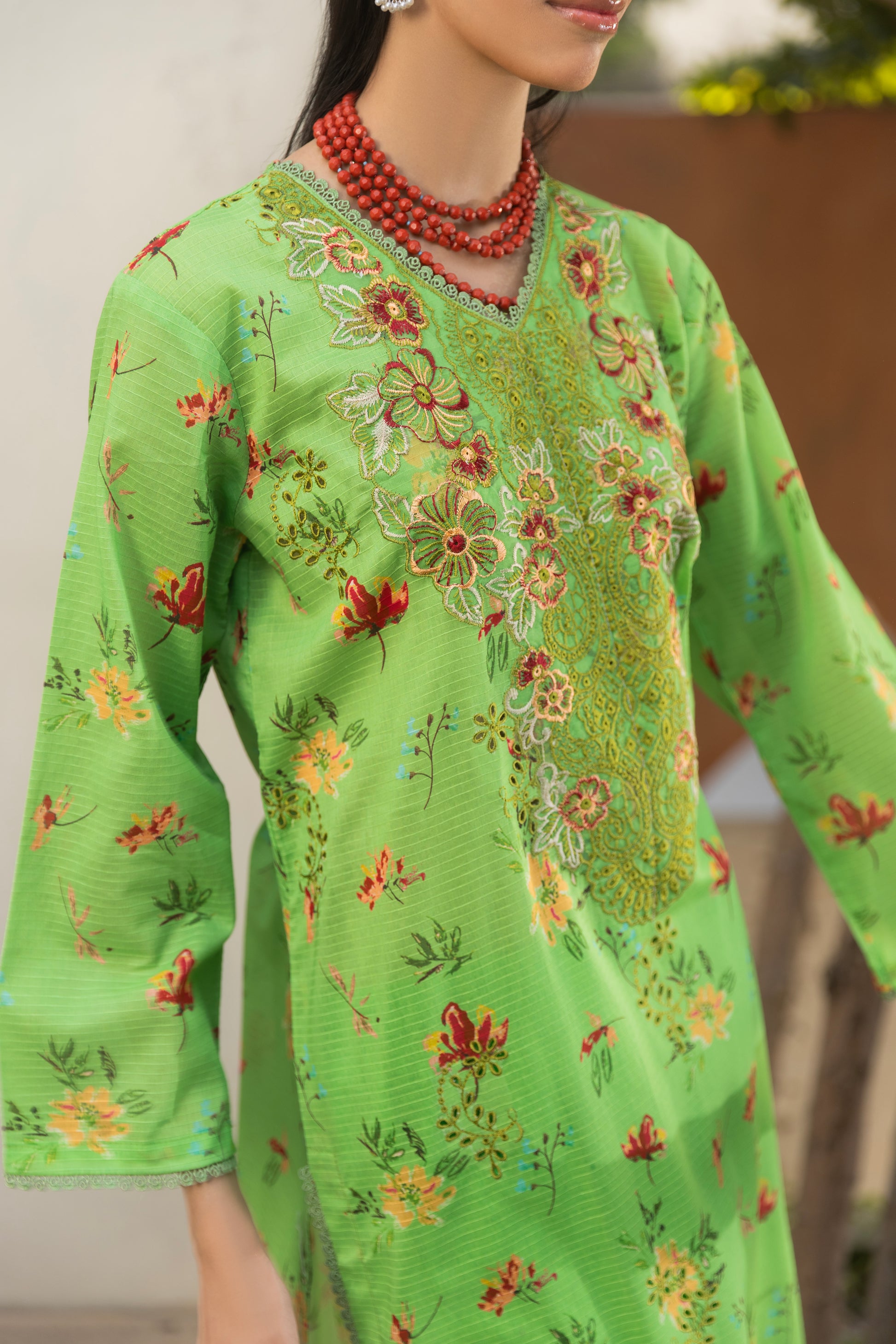 Lawn shirt with embroidery, chiffon dupatta, and plain trouser