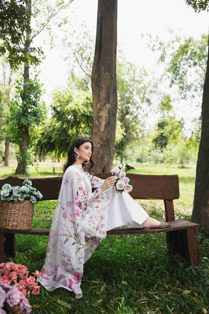 Embroidered lawn suit with chiffon dupatta and plain dyed cotton trouser.