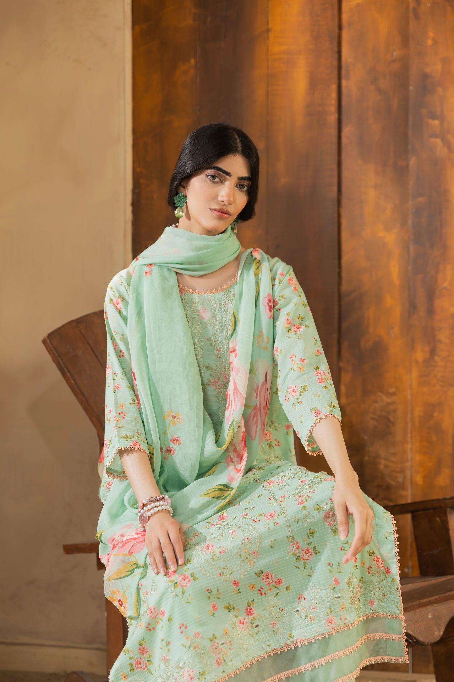 Self-check lawn embroidered shirt, chiffon dupatta, and trouser for eastern dresses